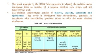 biotite, hornblende, Na- Ti- amphib., melilite, biotite,
feldspar foid diopsidic augite, diopsidic augite, Ti-augite, ± Ti-augite
(± olivine) (± olivine) olivine, biotite ± olivine ± calcite
or > pl -- minette vogesite
pl > or -- kersantite spessartite
or > pl feld > foid sannaite
pl > or feld > foid camptonite
-- glass or foid monchiquite polzenite
-- -- alnöite
Lamprophyre branch: Alkaline Melilitic
After Le Maitre (1989), Table B.3, p. 11.
Calc-alkaline
constituents
Table 19-7. Lamprophyre Nomenclature
Light-colored Predominant mafic minerals
• The latest attempts by the IUGS Subcommission to classify the melilitic rocks
considered them as varieties of a separate melilitic rock group, and not
lamprophyres at all.
• Calc-alkaline lamprophyres consist of minette, vogesite, kersantite and
spessartites. They occur in subduction zone environments, generally in
association with calc-alkaline granitoid suites or with the more alkaline
shoshonites.
 