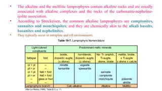 biotite, hornblende, Na- Ti- amphib., melilite, biotite,
feldspar foid diopsidic augite, diopsidic augite, Ti-augite, ± Ti-augite
(± olivine) (± olivine) olivine, biotite ± olivine ± calcite
or > pl -- minette vogesite
pl > or -- kersantite spessartite
or > pl feld > foid sannaite
pl > or feld > foid camptonite
-- glass or foid monchiquite polzenite
-- -- alnöite
Lamprophyre branch: Alkaline Melilitic
After Le Maitre (1989), Table B.3, p. 11.
Calc-alkaline
constituents
Table 19-7. Lamprophyre Nomenclature
Light-colored Predominant mafic minerals
• The alkaline and the melilitic lamprophyres contain alkaline rocks and are usually
associated with alkaline complexes and the rocks of the carbonatite-nepheline-
ijolite association.
• According to Streckeisen, the common alkaline lamprophyres are camptonites,
sannaites and monchiquites; and they are chemically akin to the alkali basalts,
basanites and nephelinites.
• They typically occur in intraplate and rift environments.
 