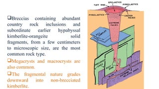Breccias containing abundant
country rock inclusions and
subordinate earlier hypabyssal
kimberlite-orangeite solid
fragments, from a few centimeters
to microscopic size, are the most
common rock type.
Megacrysts and macrocrysts are
also common.
The fragmental nature grades
downward into non-brecciated
kimberlite.
 