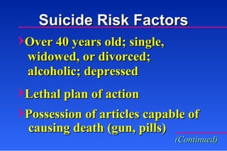Over 40 years old; single,   widowed, or divorced;   alcoholic; depressed Lethal plan of action Possession of articles capable of causing death (gun, pills) (Continued) Suicide Risk Factors 