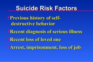Previous history of self-   destructive behavior Recent diagnosis of serious illness Recent loss of loved one Arrest, imprisonment, loss of job Suicide Risk Factors 