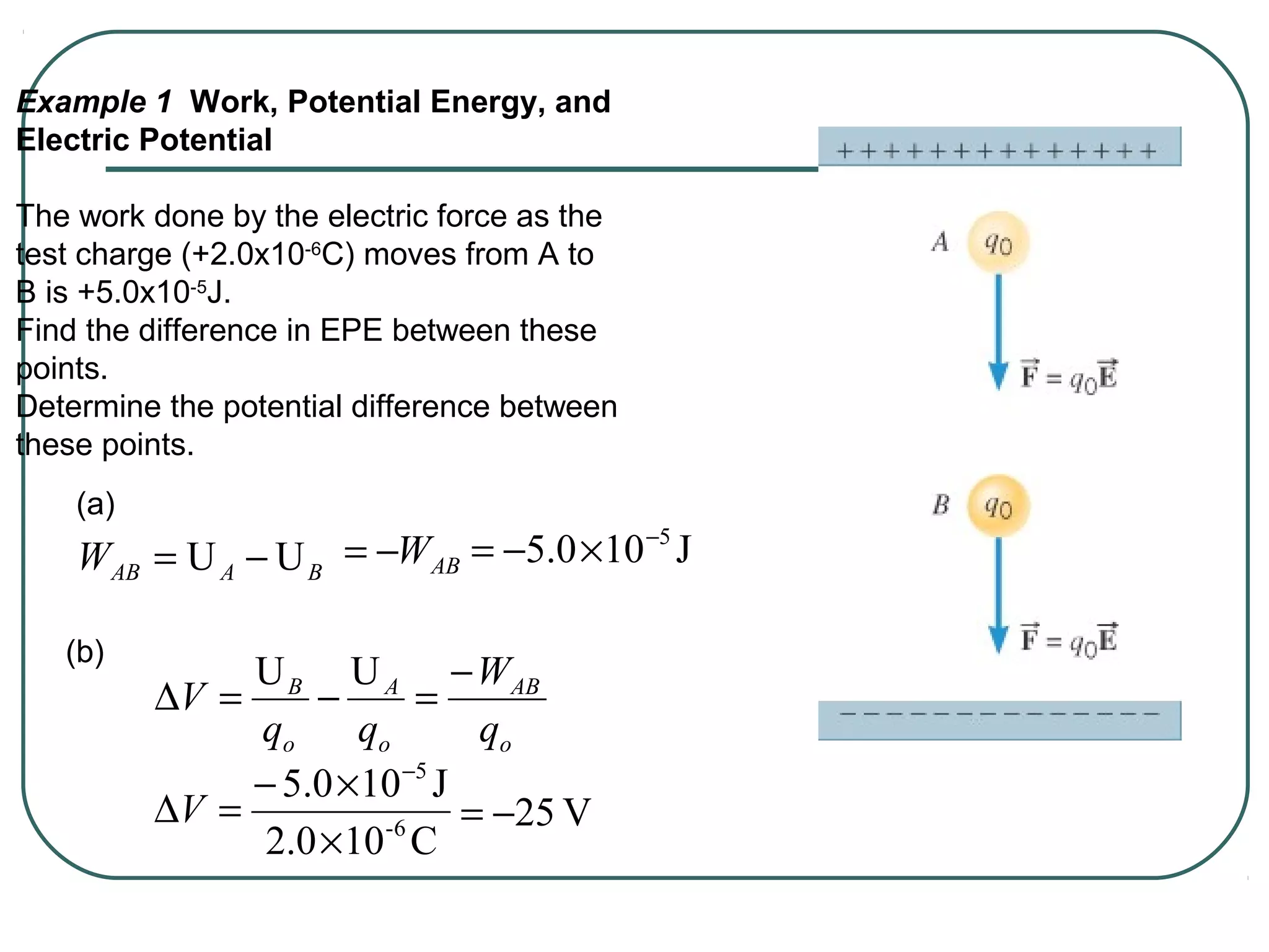 Example 1 Work, Potential Energy, and
Electric Potential
The work done by the electric force as the
test charge (+2.0x10-6
C) moves from A to
B is +5.0x10-5
J.
Find the difference in EPE between these
points.
Determine the potential difference between
these points.
BAABW UU −=
o
AB
o
A
o
B
q
W
qq
V
−
=−=∆
UU
ABW−=
C102.0
J100.5
6-
5
×
×−
=∆
−
V
J100.5 5−
×−=
(a)
(b)
V25−=
 