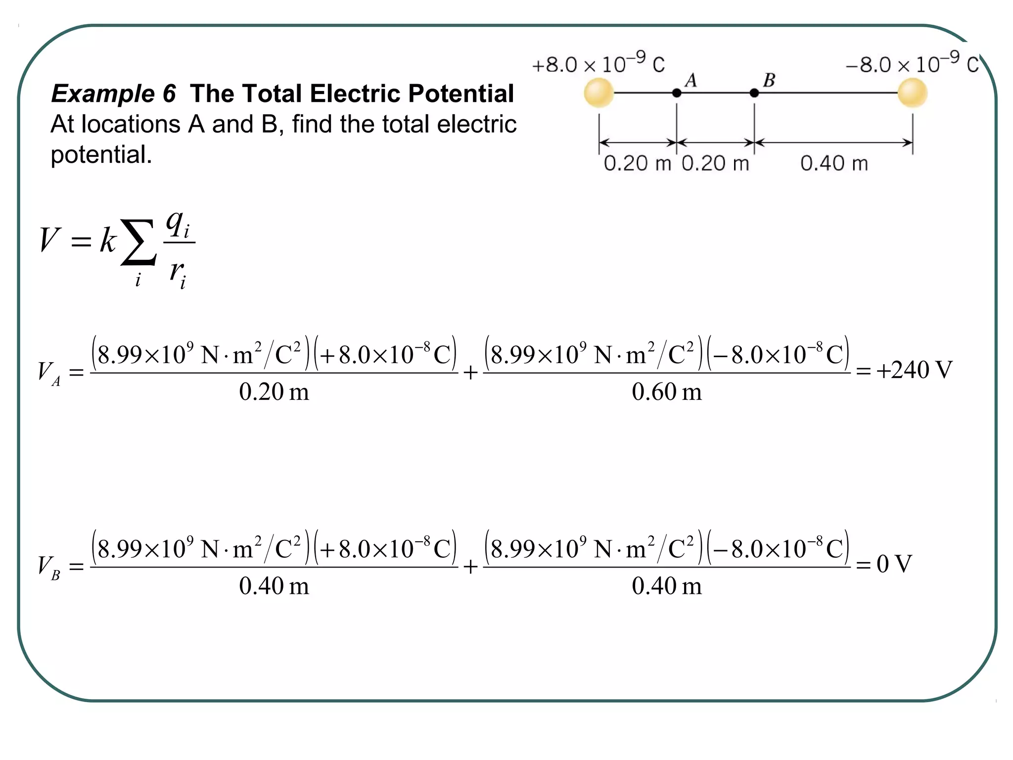 Example 6 The Total Electric Potential
At locations A and B, find the total electric
potential.
( )( ) ( )( )
m60.0
C100.8CmN1099.8
m20.0
C100.8CmN1099.8 82298229 −−
×−⋅×
+
×+⋅×
=AV
( )( ) ( )( )
m40.0
C100.8CmN1099.8
m40.0
C100.8CmN1099.8 82298229 −−
×−⋅×
+
×+⋅×
=BV
∑=
i i
i
r
q
kV
V240+=
V0=
 