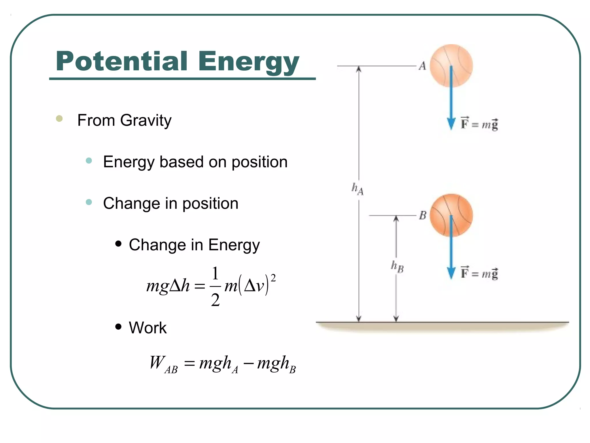  From Gravity
• Energy based on position
• Change in position
• Change in Energy
• Work
( )2
2
1
vmhmg ∆=∆
Potential Energy
BAAB mghmghW −=
 
