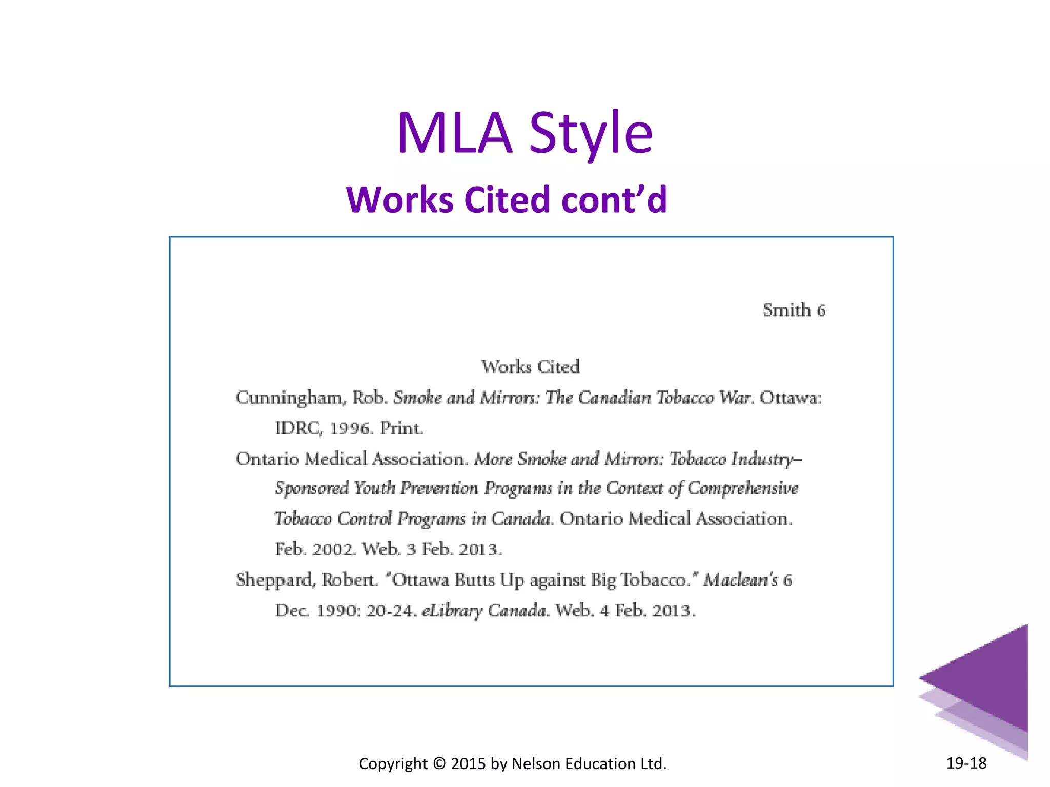 MLA Style 
Works Cited cont’d 
Copyright © 2015 by Nelson Education Ltd. 
19-18 
 