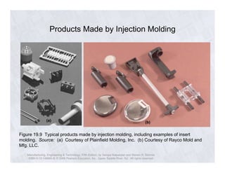Products Made by Injection Molding 
(a) (b) 
Figure 19.9 Typical products made by injection molding, including examples of insert 
molding. Source: (a) Courtesy of Plainfield Molding, Inc. (b) Courtesy of Rayco Mold and 
Mfg. LLC. 
Manufacturing, Engineering & Technology, Fifth Edition, by Serope Kalpakjian and Steven R. Schmid. 
ISBN 0-13-148965-8. © 2006 Pearson Education, Inc., Upper Saddle River, NJ. All rights reserved. 
 