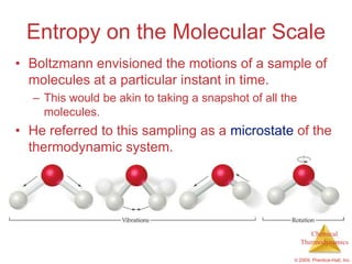 Entropy on the Molecular Scale
• Boltzmann envisioned the motions of a sample of
  molecules at a particular instant in time.
  – This would be akin to taking a snapshot of all the
    molecules.
• He referred to this sampling as a microstate of the
  thermodynamic system.




                                                            Chemical
                                                         Thermodynamics

                                                     © 2009, Prentice-Hall, Inc.
 