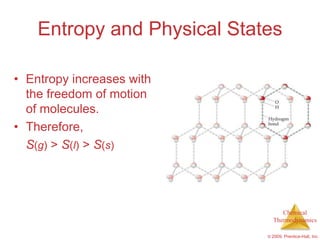 Entropy and Physical States

• Entropy increases with
  the freedom of motion
  of molecules.
• Therefore,
  S(g) > S(l) > S(s)




                                  Chemical
                               Thermodynamics

                             © 2009, Prentice-Hall, Inc.
 