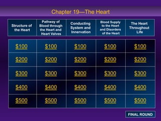 Chapter 19—The Heart
Structure of
the Heart

Pathway of
Blood through
the Heart and
Heart Valves

Conducting
System and
Innervation

Blood Supply
to the Heart
and Disorders
of the Heart

$100

$100

$100

$100

$100

$200

$200

$200

$200

$200

$300

$300

$300

$300

$300

$400

$400

$400

$400

$400

$500

$500

$500

$500

$500

The Heart
Throughout
Life

FINAL ROUND

 