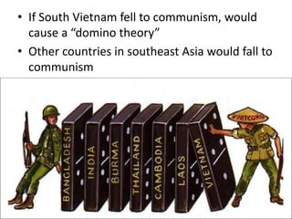 • If South Vietnam fell to communism, would
cause a “domino theory”
• Other countries in southeast Asia would fall to
communism
 