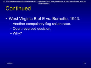 Continued  West Virginia B of E vs. Burnette, 1943.  Another compulsory flag salute case. Court reversed decision. Why? 