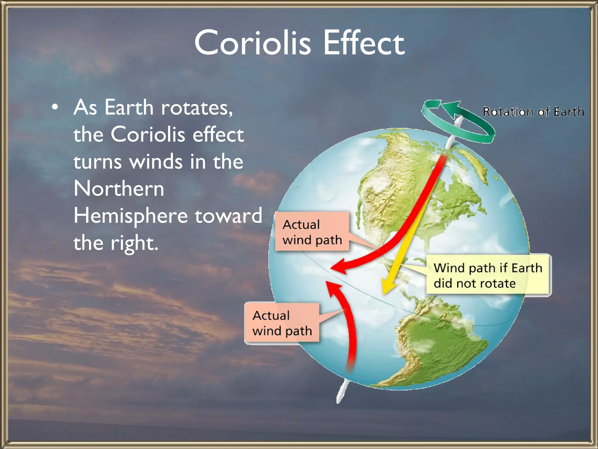 Coriolis Effect As Earth rotates, the Coriolis effect turns winds in the Northern Hemisphere toward the right. 