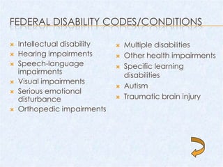 FEDERAL DISABILITY CODES/CONDITIONS

   Intellectual disability      Multiple disabilities
   Hearing impairments          Other health impairments
   Speech-language              Specific learning
    impairments                   disabilities
   Visual impairments
                                 Autism
   Serious emotional
    disturbance                  Traumatic brain injury
   Orthopedic impairments
 