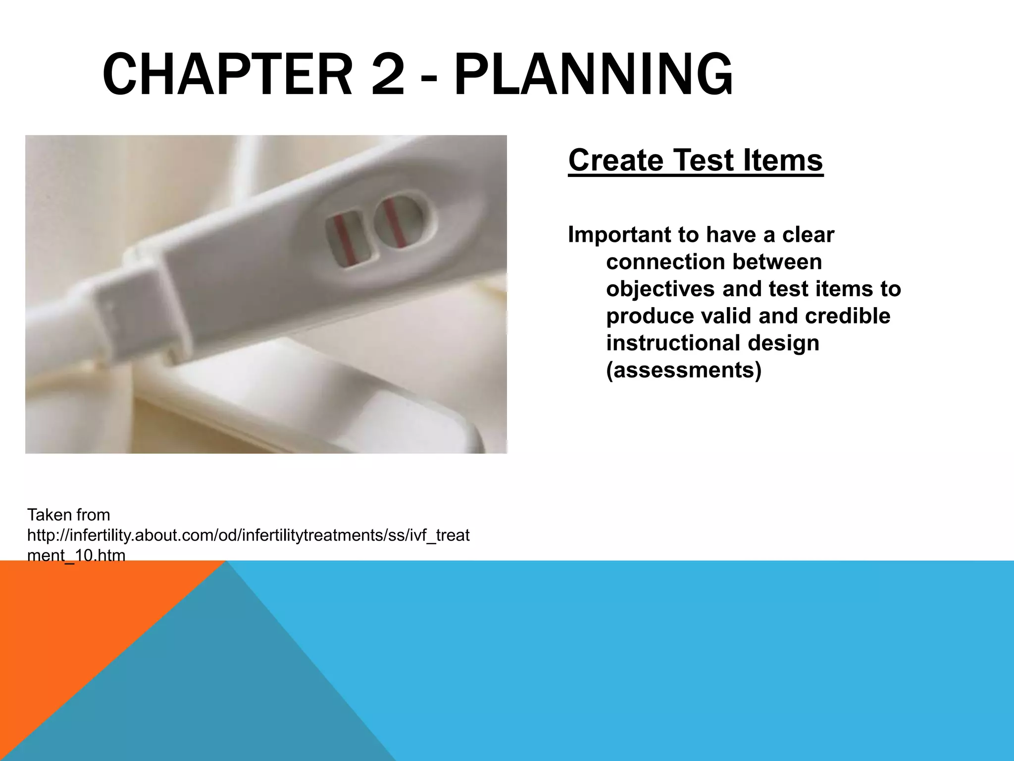 CHAPTER 2 - PLANNING
                                                                     Create Test Items

                                                                     Important to have a clear
                                                                        connection between
                                                                        objectives and test items to
                                                                        produce valid and credible
                                                                        instructional design
                                                                        (assessments)




Taken from
http://infertility.about.com/od/infertilitytreatments/ss/ivf_treat
ment_10.htm
 
