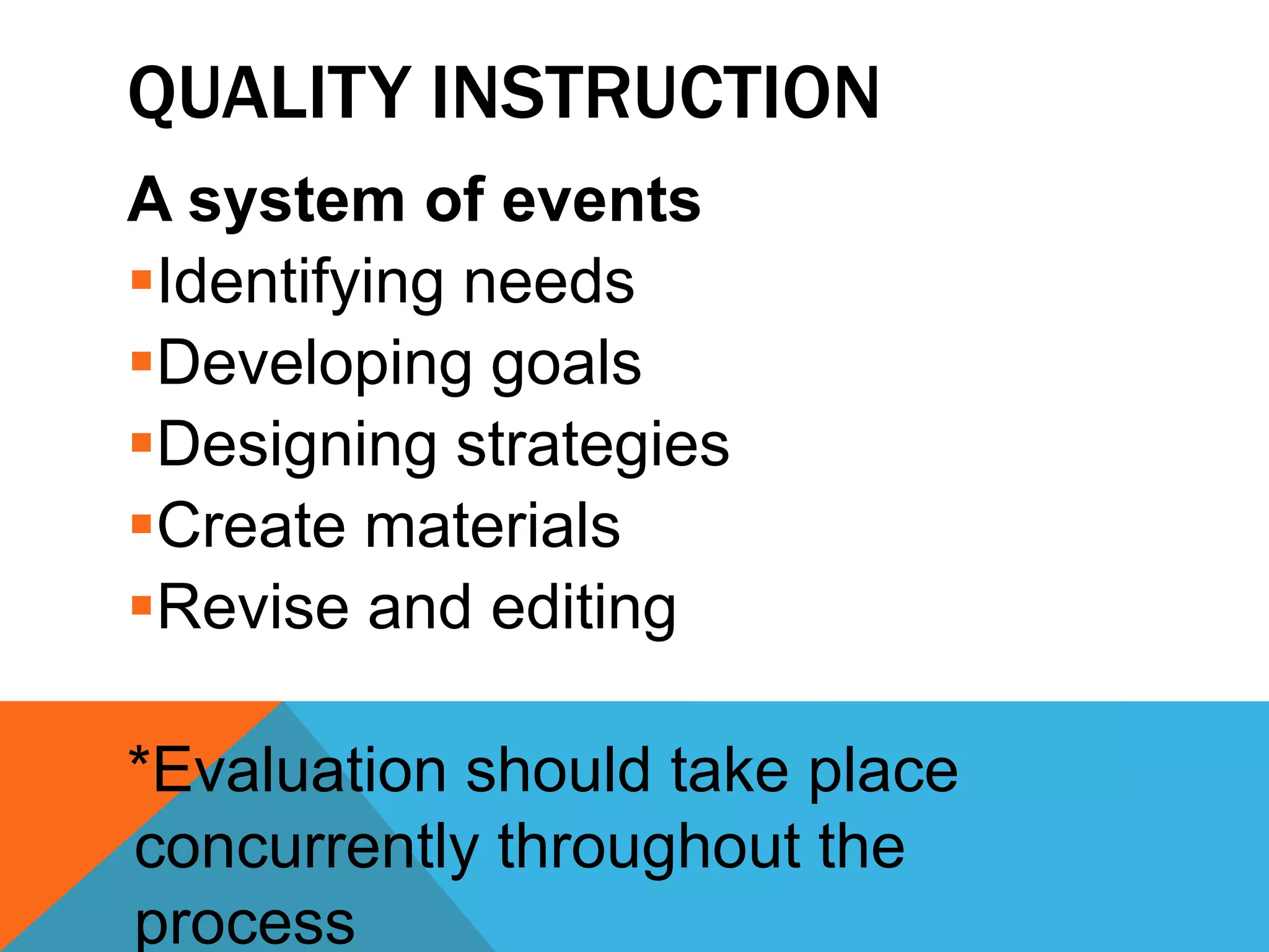 QUALITY INSTRUCTION
A system of events
Identifying needs
Developing goals
Designing strategies
Create materials
Revise and editing

*Evaluation should take place
concurrently throughout the
process
 