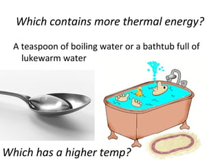 Which contains more thermal energy?
A teaspoon of boiling water or a bathtub full of
lukewarm water
Which has a higher temp?
 