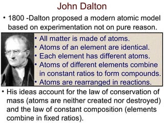 John Dalton
• 1800 -Dalton proposed a modern atomic model
based on experimentation not on pure reason.
• All matter is made of atoms.
• Atoms of an element are identical.
• Each element has different atoms.
• Atoms of different elements combine
in constant ratios to form compounds.
• Atoms are rearranged in reactions.
• His ideas account for the law of conservation of
mass (atoms are neither created nor destroyed)
and the law of constant composition (elements
combine in fixed ratios).
 