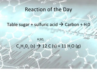Reaction of the Day
Table sugar + sulfuric acid  Carbon + H20
H2SO4
C12H22011 (s)  12 C (s) + 11 H2O (g)
 