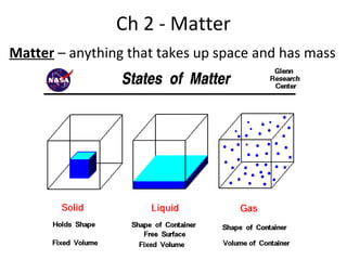 Ch 2 - Matter
Matter – anything that takes up space and has mass
 