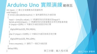 Arduino Uno 實際演練範例五
資訊工程系 廖憲得
int input; // 建立全域變數為訊號讀取用
void loop() {
if (irrecv.decode(&results)) // 當有讀取到紅外線訊號
{
input = (results.value); // 將讀取到的訊號值放到input中
Serial.println(input); // 將讀取到的訊號值傳送至序列埠監看視窗
if (input==2295) // 判斷紅外線訊號是否等於開
{
digitalWrite(LED_PIN,HIGH);
}
else if (input==12495) // 判斷紅外線訊號是否等於關
{
digitalWrite(LED_PIN,LOW);
}
irrecv.resume(); // 讀取下一個紅外線訊號
}
delay(100);
} 第三步驟：輸入程式碼
 