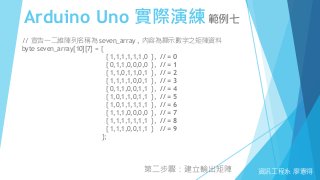 Arduino Uno 實際演練範例七
資訊工程系 廖憲得
// 宣告一二維陣列名稱為 seven_array , 內容為顯示數字之矩陣資料
byte seven_array[10][7] = {
{ 1,1,1,1,1,1,0 }, // = 0
{ 0,1,1,0,0,0,0 }, // = 1
{ 1,1,0,1,1,0,1 }, // = 2
{ 1,1,1,1,0,0,1 }, // = 3
{ 0,1,1,0,0,1,1 }, // = 4
{ 1,0,1,1,0,1,1 }, // = 5
{ 1,0,1,1,1,1,1 }, // = 6
{ 1,1,1,0,0,0,0 }, // = 7
{ 1,1,1,1,1,1,1 }, // = 8
{ 1,1,1,0,0,1,1 } // = 9
};
第二步驟：建立輸出矩陣
 