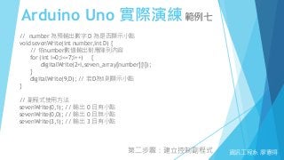 Arduino Uno 實際演練範例七
資訊工程系 廖憲得
// number 為預輸出數字 D 為是否顯示小點
void sevenWrite(int number,int D) {
// 依number數值輸出對應陣列內容
for (int i=0;i<=7;i++) {
digitalWrite(2+i,seven_array[number][i]);
}
digitalWrite(9,D); // 若D為1則顯示小點
}
// 副程式使用方法
sevenWrite(0,1); // 輸出 0 且有小點
sevenWrite(0,0); // 輸出 0 且無小點
sevenWrite(3,1); // 輸出 3 且有小點
第二步驟：建立控制副程式
 