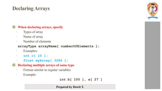 Prepared by Dawit T.
DeclaringArrays
When declaring arrays, specify
- Types of array
- Name of array
- Number of elements
arrayType arrayName[ numberOfElements ];
- Examples:
- int c[ 10 ];
- float myArray[ 3284 ];
Declaring multiple arrays of same type
- Format similar to regular variables
- Example:
int b[ 100 ], x[ 27 ]
 
