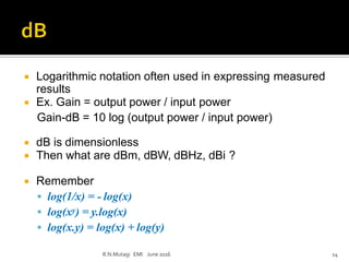  Logarithmic notation often used in expressing measured
results
 Ex. Gain = output power / input power
Gain-dB = 10 log (output power / input power)
 dB is dimensionless
 Then what are dBm, dBW, dBHz, dBi ?
 Remember
 log(1/x) = - log(x)
 log(xy) = y.log(x)
 log(x.y) = log(x) + log(y)
R.N.Mutagi EMI June 2016 14
 