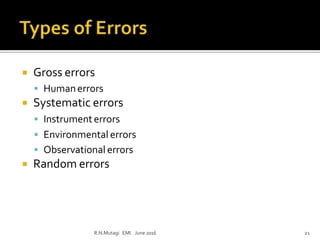  Gross errors
R.N.Mutagi EMI June 2016 21
 Humanerrors
 Systematic errors
 Instrumenterrors
 Environmental errors
 Observational errors
 Random errors
 