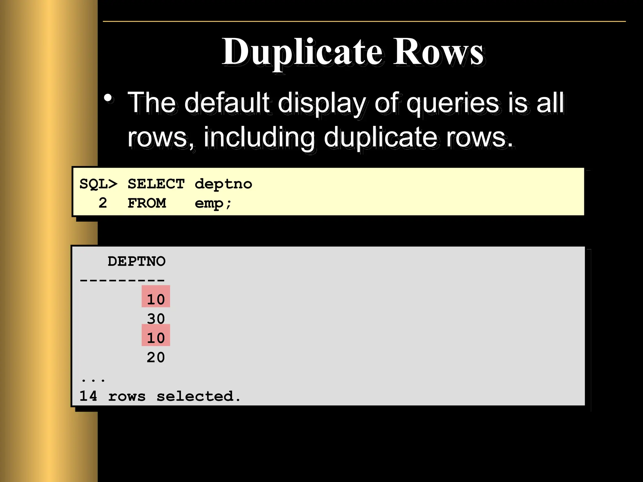 Duplicate Rows
• The default display of queries is all
rows, including duplicate rows.
SQL> SELECT deptno
2 FROM emp;
DEPTNO
---------
10
30
10
20
...
14 rows selected.
 