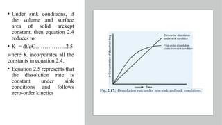 • Under sink conditions, if
the volume and surface
area of solid arekept
constant, then equation 2.4
reduces to:
• K = dt/dC……………..2.5
where K incorporates all the
constants in equation 2.4.
• Equation 2.5 represents that
the dissolution rate is
constant under sink
conditions and follows
zero-order kinetics
 