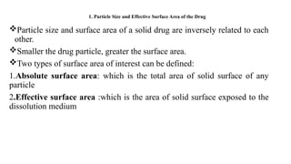 1. Particle Size and Effective Surface Area of the Drug
Particle size and surface area of a solid drug are inversely related to each
other.
Smaller the drug particle, greater the surface area.
Two types of surface area of interest can be defined:
1.Absolute surface area: which is the total area of solid surface of any
particle
2.Effective surface area :which is the area of solid surface exposed to the
dissolution medium
 