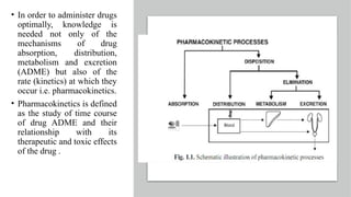 • In order to administer drugs
optimally, knowledge is
needed not only of the
mechanisms of drug
absorption, distribution,
metabolism and excretion
(ADME) but also of the
rate (kinetics) at which they
occur i.e. pharmacokinetics.
• Pharmacokinetics is defined
as the study of time course
of drug ADME and their
relationship with its
therapeutic and toxic effects
of the drug .
 