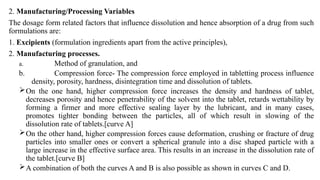 2. Manufacturing/Processing Variables
The dosage form related factors that influence dissolution and hence absorption of a drug from such
formulations are:
1. Excipients (formulation ingredients apart from the active principles),
2. Manufacturing processes.
a. Method of granulation, and
b. Compression force- The compression force employed in tabletting process influence
density, porosity, hardness, disintegration time and dissolution of tablets.
On the one hand, higher compression force increases the density and hardness of tablet,
decreases porosity and hence penetrability of the solvent into the tablet, retards wettability by
forming a firmer and more effective sealing layer by the lubricant, and in many cases,
promotes tighter bonding between the particles, all of which result in slowing of the
dissolution rate of tablets.[curve A]
On the other hand, higher compression forces cause deformation, crushing or fracture of drug
particles into smaller ones or convert a spherical granule into a disc shaped particle with a
large increase in the effective surface area. This results in an increase in the dissolution rate of
the tablet.[curve B]
A combination of both the curves A and B is also possible as shown in curves C and D.
 
