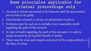 Khakare
V.S.
Some principles applicable for
criminal proceedings only
1. Accused is always presumed to be innocent until the prosecution
proves him to be guilty.
2. Onus/burden of proof is always on prosecution to prove.
3. Evidence must be such as to exclude every reasonably doubt
regarding the guilt of the accused.
4. In case of doubt regarding the guilt of the accused, it is safe to
acquit accused by giving him benefit of doubt.
5. There must be clear and unequivocal proof of the corpus delecti i.e.
the facts of crime.
 
