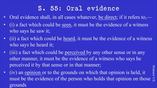 Khakare
V.S.
S. 55: Oral evidence
• Oral evidence shall, in all cases whatever, be direct; if it refers to,—
• (i) a fact which could be seen, it must be the evidence of a witness
who says he saw it;
• (ii) a fact which could be heard, it must be the evidence of a witness
who says he heard it;
• (iii) a fact which could be perceived by any other sense or in any
other manner, it must be the evidence of a witness who says he
perceived it by that sense or in that manner;
• (iv) an opinion or to the grounds on which that opinion is held, it
must be the evidence of the person who holds that opinion on those
grounds
 