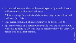 Khakare
V.S.
• It is the evidence confined to the words spoken by mouth. An oral
evidence must be direct oral evidence.
• All facts, except the contents of documents may be proved by oral
evidence. (sec. 54)
• Oral evidence shall, in all cases whatever, be direct. (sec. 55)
• Eg. oral evidence by a person who actually who say he saw it; OR
who says he heard it; OR who says he perceived it by that sense; OR
person who holds that opinion.
 