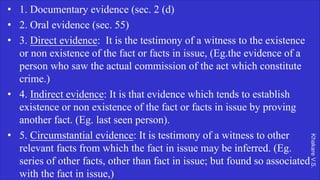 Khakare
V.S.
• 1. Documentary evidence (sec. 2 (d)
• 2. Oral evidence (sec. 55)
• 3. Direct evidence: It is the testimony of a witness to the existence
or non existence of the fact or facts in issue, (Eg.the evidence of a
person who saw the actual commission of the act which constitute
crime.)
• 4. Indirect evidence: It is that evidence which tends to establish
existence or non existence of the fact or facts in issue by proving
another fact. (Eg. last seen person).
• 5. Circumstantial evidence: It is testimony of a witness to other
relevant facts from which the fact in issue may be inferred. (Eg.
series of other facts, other than fact in issue; but found so associated
with the fact in issue,)
 