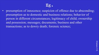 Khakare
V.S.
Eg.
• presumption of innocence; suspicion of offence due to absconding;
presumption as to domestic and business relations; behavior of
person in different circumstances; legitimacy of child; ownership
and possession; messages; documents; business and other
transactions; as to dowry death; forensic science;
 
