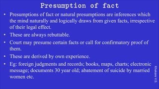 Khakare
V.S.
Presumption of fact
• Presumptions of fact or natural presumptions are inferences which
the mind naturally and logically draws from given facts, irrespective
of their legal effect.
• These are always rebuttable.
• Court may presume certain facts or call for confirmatory proof of
them.
• These are derived by own experience.
• Eg: foreign judgments and records; books, maps, charts; electronic
message; documents 30 year old; abatement of suicide by married
women etc.
 
