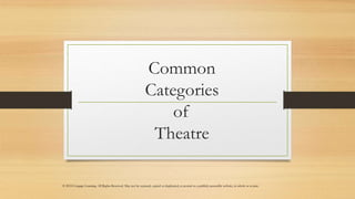 Common
Categories
of
Theatre
© 2018 Cengage Learning. All Rights Reserved. May not be scanned, copied or duplicated, or posted to a publicly accessible website, in whole or in part.
 