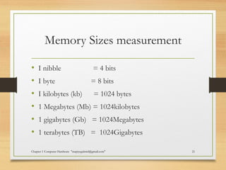 Memory Sizes measurement
• I nibble = 4 bits
• I byte = 8 bits
• I kilobytes (kb) = 1024 bytes
• 1 Megabytes (Mb) = 1024kilobytes
• 1 gigabytes (Gb) = 1024Megabytes
• 1 terabytes (TB) = 1024Gigabytes
Chapter 1 Computer Hardware "mapiyegabriel@gmail.com" 21
 
