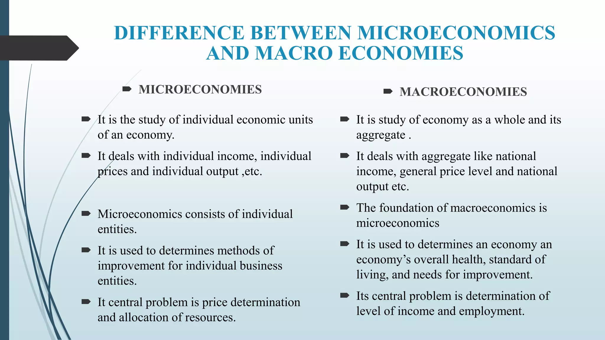 DIFFERENCE BETWEEN MICROECONOMICS
AND MACRO ECONOMIES
 MACROECONOMIES
 MICROECONOMIES
 It is the study of individual economic units
of an economy.
 It deals with individual income, individual
prices and individual output ,etc.
 Microeconomics consists of individual
entities.
 It is used to determines methods of
improvement for individual business
entities.
 It central problem is price determination
and allocation of resources.
 It is study of economy as a whole and its
aggregate .
 It deals with aggregate like national
income, general price level and national
output etc.
 The foundation of macroeconomics is
microeconomics
 It is used to determines an economy an
economy’s overall health, standard of
living, and needs for improvement.
 Its central problem is determination of
level of income and employment.
 