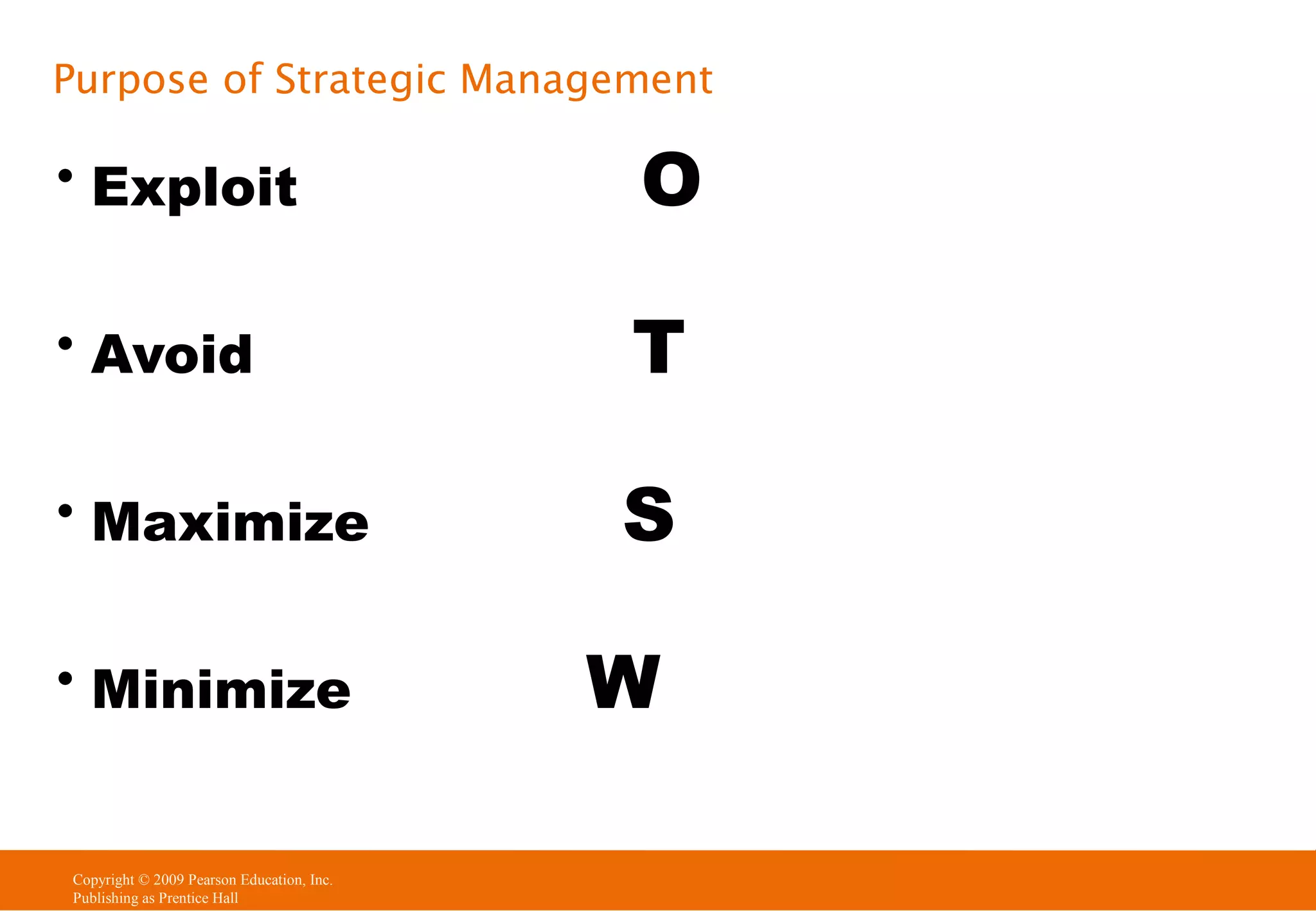 Purpose of Strategic Management

• Exploit

O

• Avoid

T

• Maximize

S

• Minimize

Copyright © 2009 Pearson Education, Inc.
Publishing as Prentice Hall

W

 
