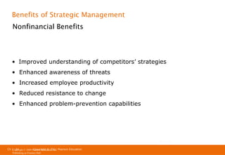 Benefits of Strategic Management
Nonfinancial Benefits

• Improved understanding of competitors’ strategies
• Enhanced awareness of threats
• Increased employee productivity
• Reduced resistance to change
• Enhanced problem-prevention capabilities

Ch 1 -34
Ch 1 -34
Copyright © 2011
Copyright © 2009 Pearson Education, Inc. Pearson Education
Publishing as Prentice Hall

 