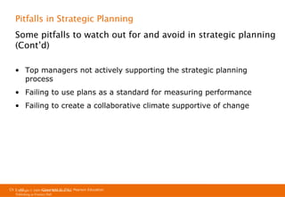 Pitfalls in Strategic Planning
Some pitfalls to watch out for and avoid in strategic planning
(Cont’d)
• Top managers not actively supporting the strategic planning
process
• Failing to use plans as a standard for measuring performance
• Failing to create a collaborative climate supportive of change

Ch 1 -40
Copyright © 2011
Copyright © 2009 Pearson Education, Inc. Pearson Education
Publishing as Prentice Hall

 