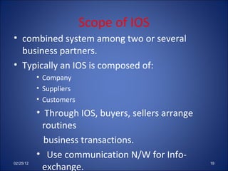 Scope of IOS combined system among two or several business partners. Typically an IOS is composed of: Company Suppliers Customers Through IOS, buyers, sellers arrange routines  business transactions.  Use communication N/W for Info-exchange.  No needs of telephone calls. 02/25/12 