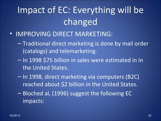Impact of EC: Everything will be changed IMPROVING DIRECT MARKETING: Traditional direct marketing is done by mail order (catalogs) and telemarketing. In 1998 $75 billion in sales were estimated in in the United States. In 1998, direct marketing via computers (B2C) reached about $2 billion in the United States. Bloched al, (1996) suggest the following EC impacts: 02/25/12 