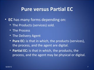 Pure versus Partial EC EC  has many forms depending on: The Products (services) sold. The Process  The Delivery Agent Pure EC:  is that in which, the products (services), the process, and the agent are digital. Partial EC:  is that in which, the products, the process, and the agent may be physical or digital. 02/25/12 