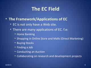 The EC Field The Framework/Applications of EC EC is not only have a Web site. There are many applications of EC. f.e: Home Banking Shopping in Online Store and Malls (Direct Marketing) Buying Stocks Finding a Job Conducting an Auction Collaborating on research and development projects 02/25/12 